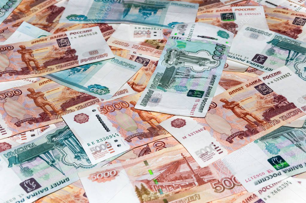 Scattered ruble currency banknotes