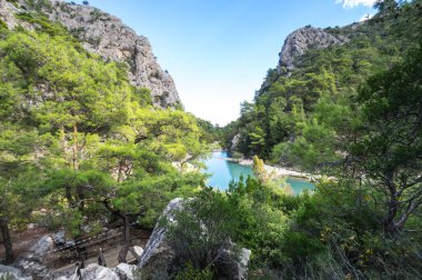 Türkiye 'nin Antalya ilinin Kemer ilçesi Beydaglari Ulusal Parkı' nda yer alan Goynuk kanyonundaki turkuaz göl manzarası