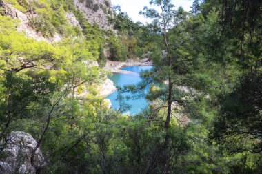 Türkiye 'nin Antalya ilinin Kemer ilçesi Beydaglari Ulusal Parkı' nda yer alan Goynuk kanyonundaki turkuaz göl manzarası