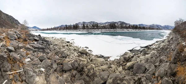 Vue Sur Rivière Katun Les Montagnes Altaï Hiver Sibérie Russie — Photo