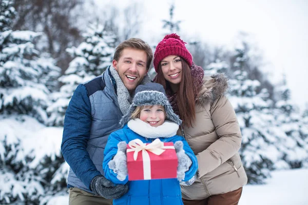 Lächelnde Familie mit Geschenk — Stockfoto