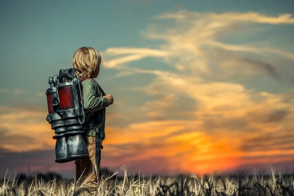 Boy with a technological backpack — Stock Photo, Image