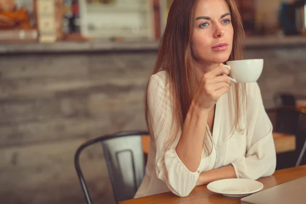 Young Girl Cup Coffee Cafe — Stock Photo, Image