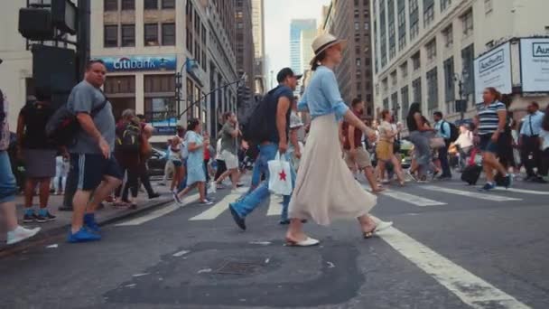 Menina Atraente Uma Travessia Pedestres Nova York — Vídeo de Stock