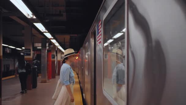 Attraktive Mädchen Zug Der Bahn Von New York — Stockvideo