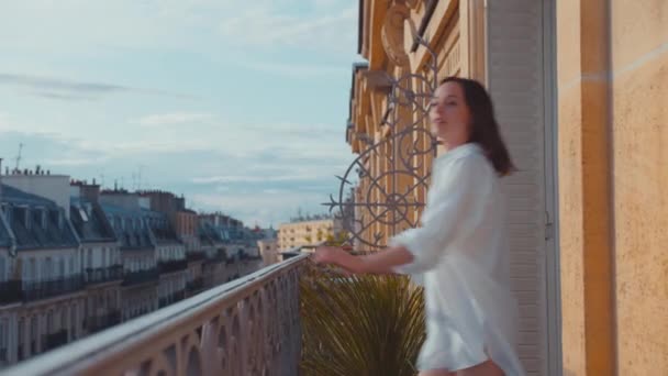 Attractive Girl White Shirt Balcony Morning — Stok video