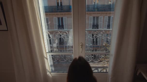 Młoda Dziewczyna Balkonie Widokiem Paryż — Wideo stockowe