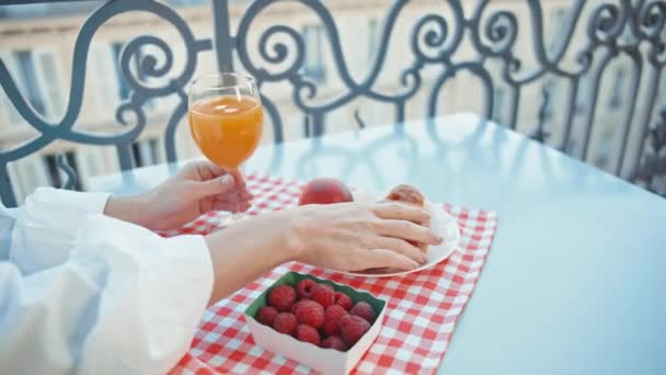 Female Hands Taking Croissant Breakfast — 图库视频影像