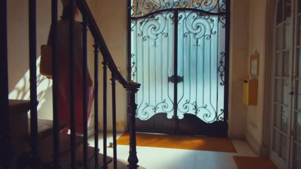 프랑스 현관의 빈티지 문에서 나오는 아름다운 — 비디오