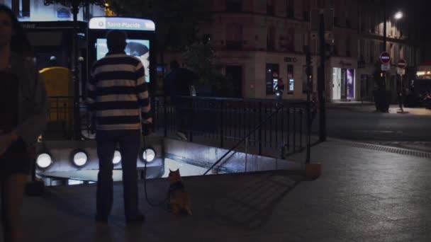 Мужчина Собакой Метро Париже Ночью — стоковое видео