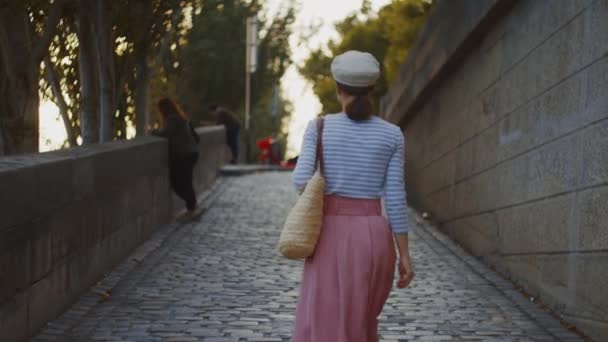 Ung Kvinna Går Bro Paris — Stockvideo