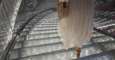 Genç bir kadın ışıltılı basamaklarda yürüyor. Siyah Sihirli Sinema Kamerasında Çekim