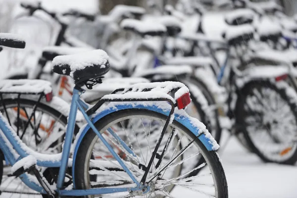 Schneebedeckte Fahrräder auf dem Parkplatz — Stockfoto