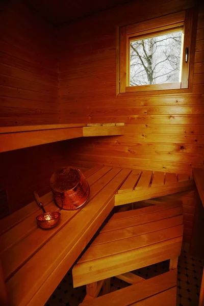 Interior de sauna, cubo y cuchara — Foto de Stock