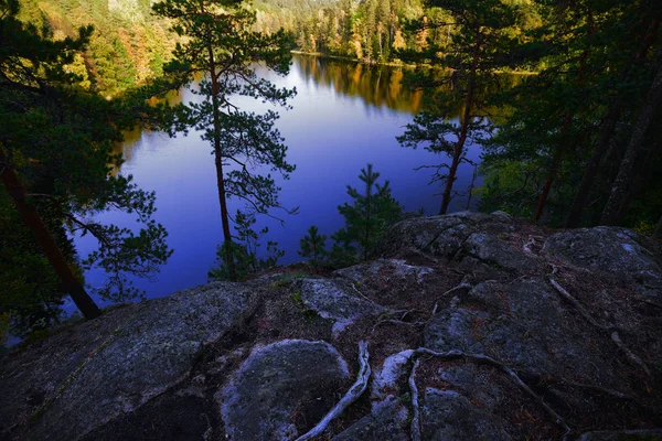 Vista para um lago florestal no Outono, Finlândia — Fotografia de Stock