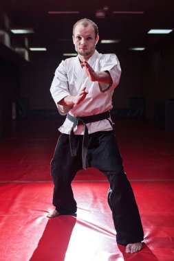 Fighter tightening karate belt clipart