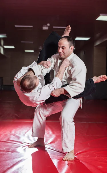 Dos luchadores de karate mostrando habilidad técnica mientras practican — Foto de Stock
