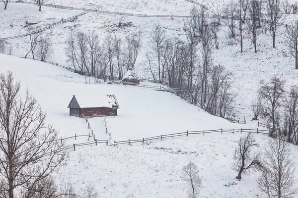 Harika kış manzarası ile kar ve ahşap ev