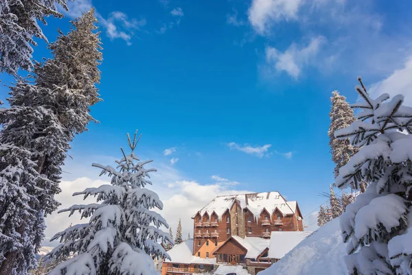 Прекрасный зимний пейзаж со снегом и древесиной дома — стоковое фото