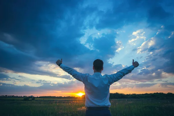 Empresário no campo verde e pôr do sol — Fotografia de Stock