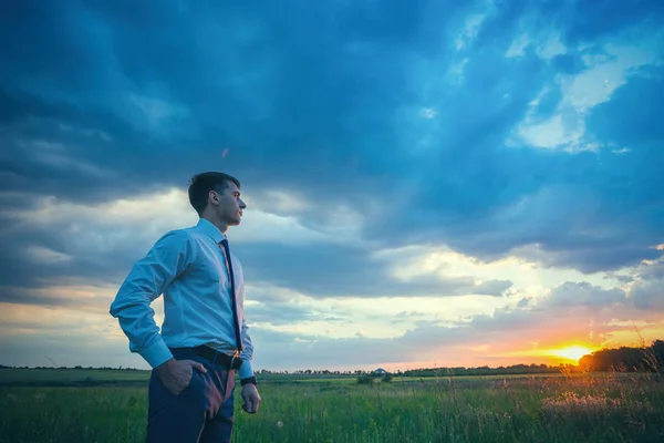 Hombre de negocios de pie en el campo antes de la puesta del sol — Foto de Stock