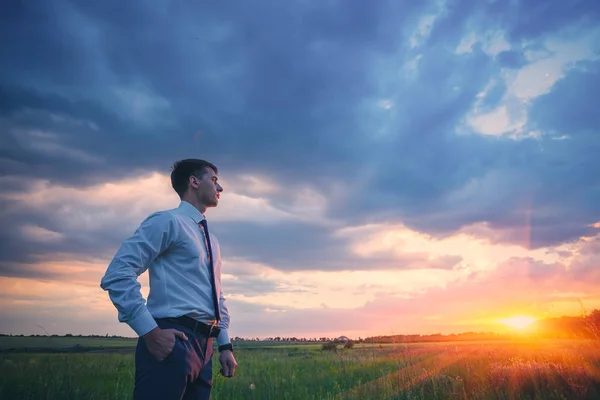 Zakenman in elegante pak met zijn jasje opknoping over zijn schouder draagkracht in veld — Stockfoto