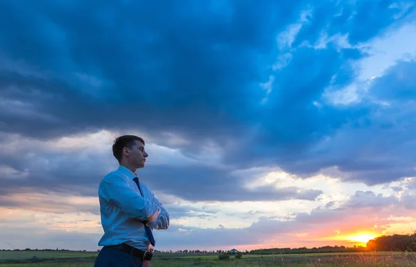 Affärsman som står på fältet innan solnedgången — Stockfoto