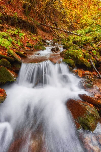 Vackra vattenfall på mountain river i färgglada hösten skogen — Stockfoto
