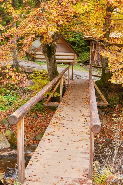 Wooden bridge over brook in autumn — Stock Photo, Image