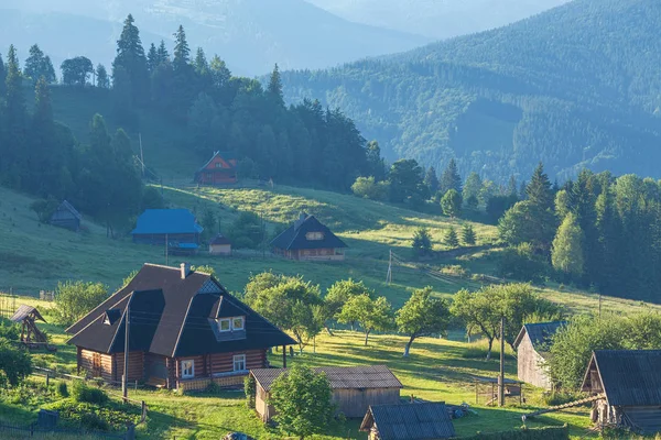 Летний пейзаж с деревней в горах — стоковое фото