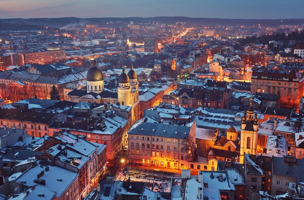Winter view on the downtown in Lviv, Ukraine.