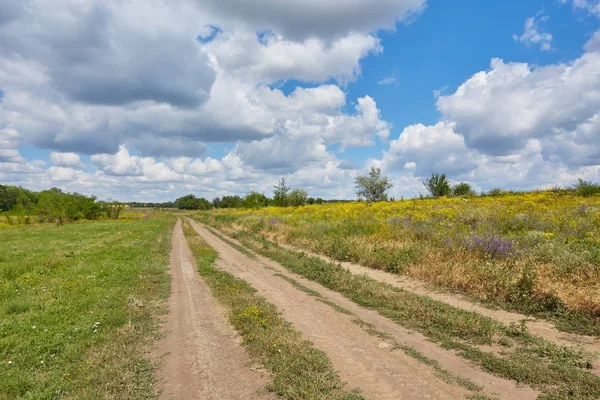 Countryside road through fields with wheat — Stock Photo, Image