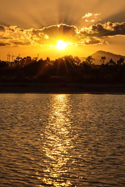 Plameňáci wade slané vody jezera Larnaca Kypr jako západ slunce — Stock fotografie
