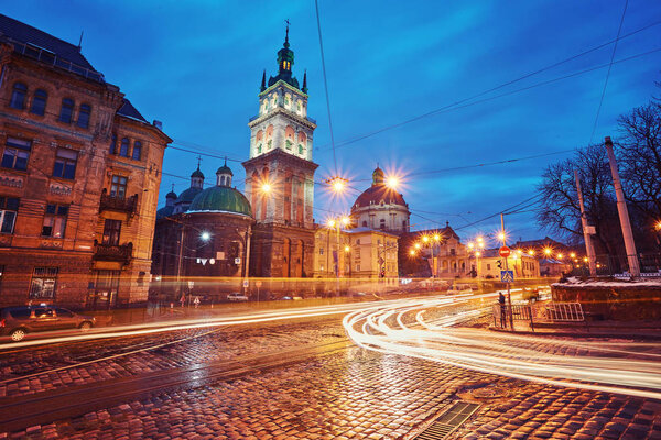 Scenic view on illuminated Assumption Church Bell Tower at twili