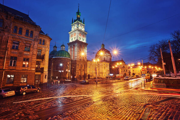 Scenic view on illuminated Assumption Church Bell Tower at twili