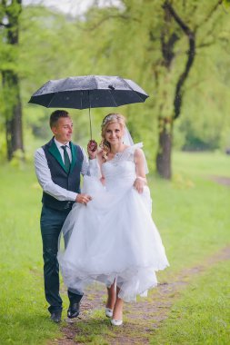 Güzel gelin ve damat Park şemsiyesi altında yürüyüş. Kızıl saçlı gelin.