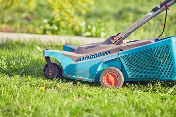 Cortador de grama cortando grama verde no quintal — Fotografia de Stock