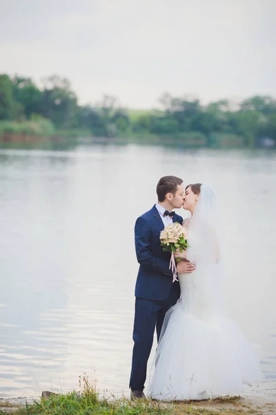 Bräutigam und Braut in einem Park. Brautkleid. — Stockfoto