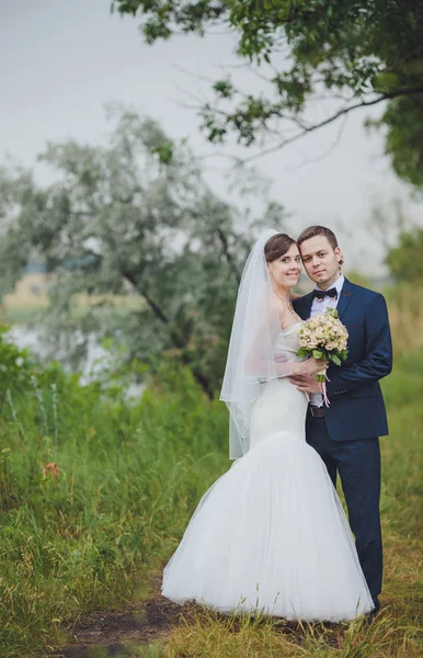 Braut Und Bräutigam Hochzeitstag Beim Spaziergang Der Natur Des Frühlings — Stockfoto