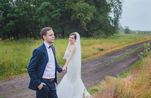 Novia Novio Día Boda Caminando Aire Libre Naturaleza Primavera Pareja — Foto de Stock