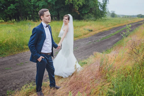 Junges Brautpaar Auf Dem Feld — Stockfoto
