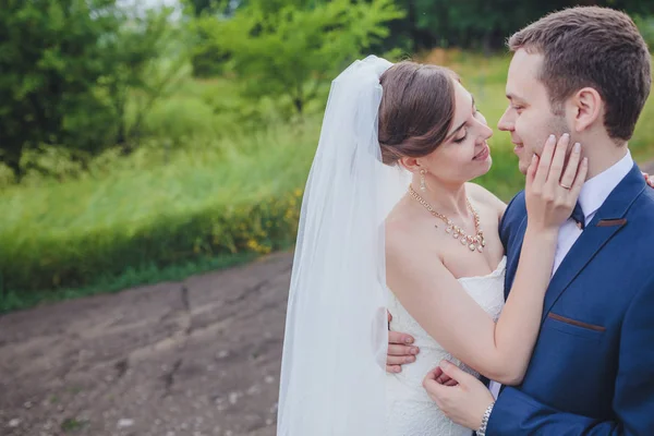 Novia Elegante Novio Posando Juntos Aire Libre Día Boda — Foto de Stock