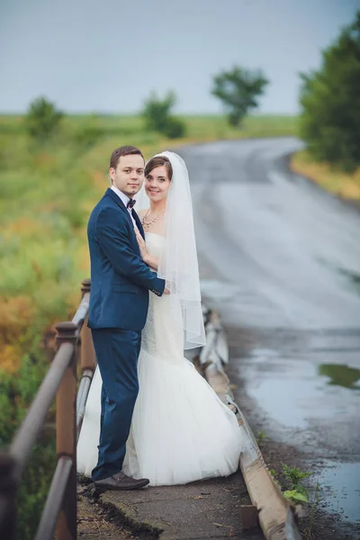 Novia Elegante Novio Posando Juntos Aire Libre Día Boda — Foto de Stock