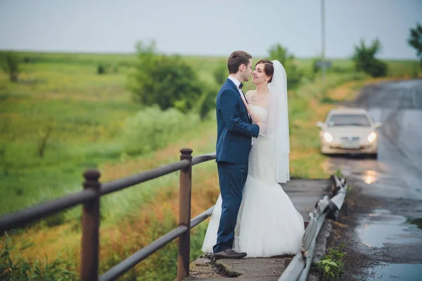 Fiatal Menyasszony Vőlegény Háttérben Mező — Stock Fotó