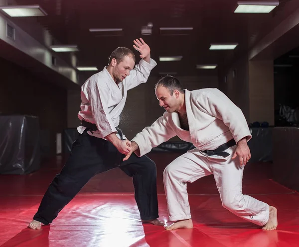 Två Karate Fighters Visar Teknisk Skicklighet Samtidigt Öva Kampsporter Kamp — Stockfoto