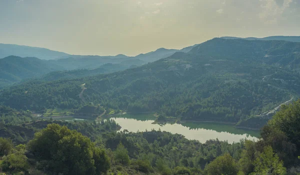 Palaichori dam bland tallarna i Troodosbergen, Nicosia Dis — Stockfoto