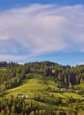 Dağlar yeşil bir çayırda bir ahşap ev. Eski orman yakınlarında bir evi var. Karpat köyün yaşam tarzı.