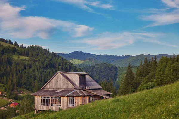 山の緑の牧草地の木造住宅 古い森の近くに家 カルパティア村での生活 — ストック写真