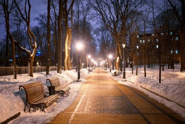 Kar yağarken bankın ve fenerin görüntüsü. İyi geceler..