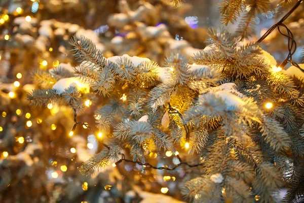 Decorações Natal Rua Luzes Coloridas Bokeh Feriado Iluminação Noturna Cidade — Fotografia de Stock